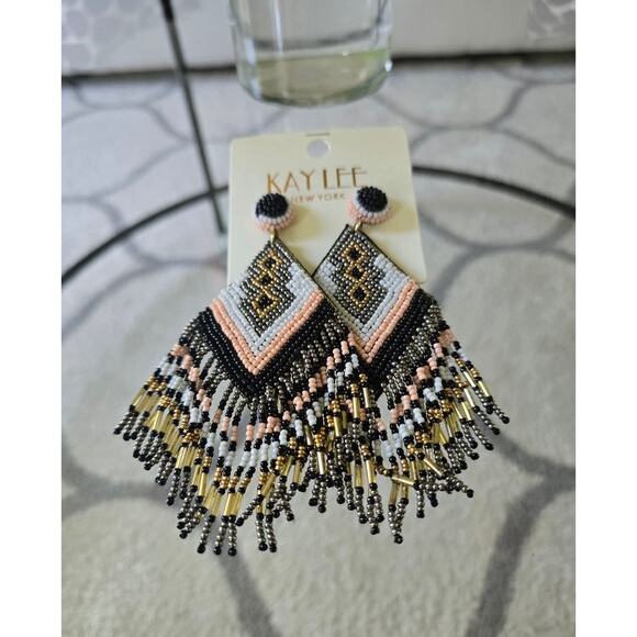 Kay Lee Boho Beaded Earrings Black Pink New - Picture 1 of 4